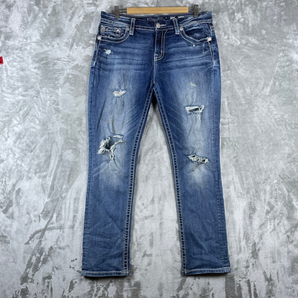 Miss Me Easy Straight Jeans Womens 30 Blue Distressed Mid Rise Thick Stitch